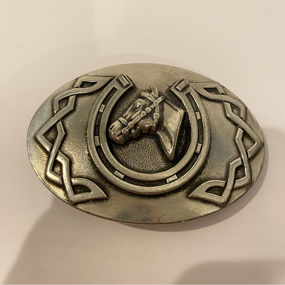 SOLD St Justin Horseshoe Pewter Belt Buckle